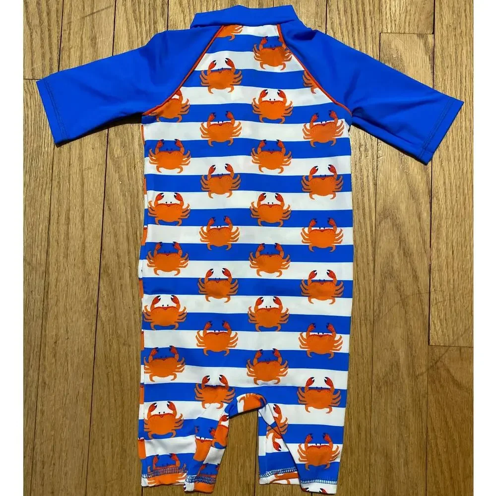 NWT Mini Boden Crab Rash Guard Sunsuit Blue Orange Swim One Piece Baby (3-6 M)